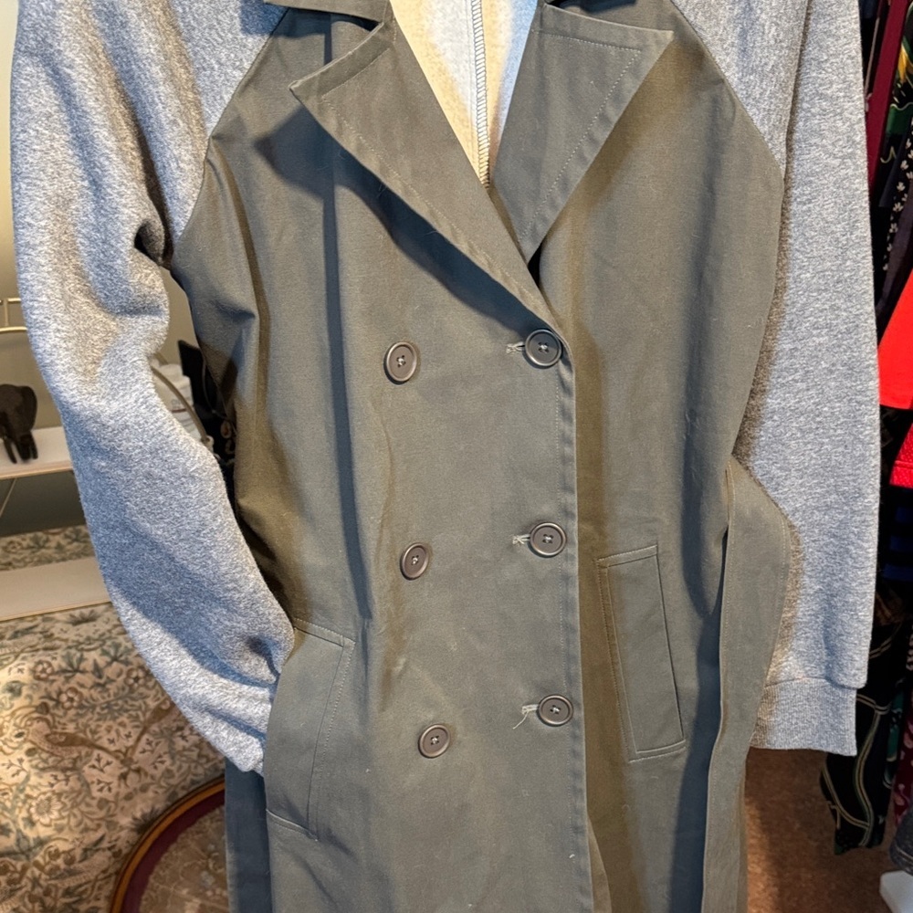 EUC Good American 2 Tone Olive Gray Fleece Mixed Media Midi Trench - Picture 7 of 14